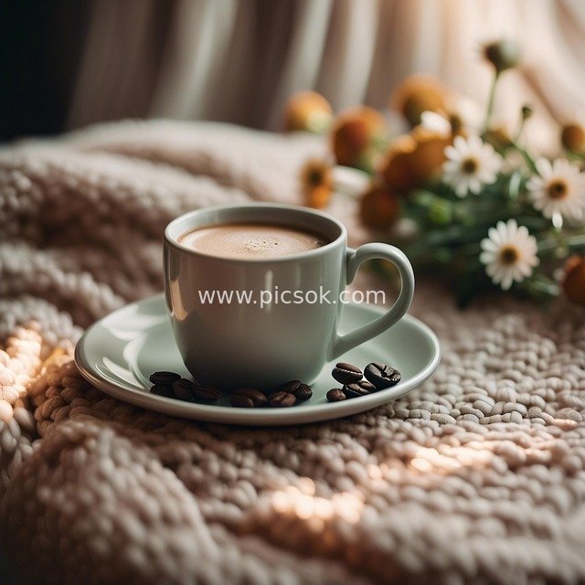 Warm Morning Coffee Cup: A Cozy Moment with Cappuccino and Coffee Beans
