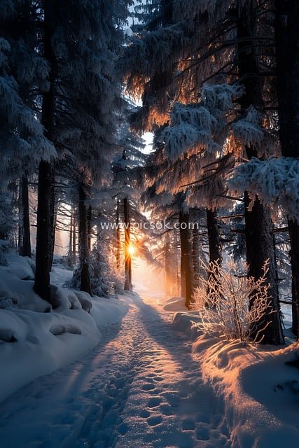 冬日雪林小径 金色阳光洒落的静谧美景
