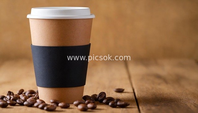 Coffee Paper Cup & Coffee Beans on Wooden Background – Warm Beverage Scene