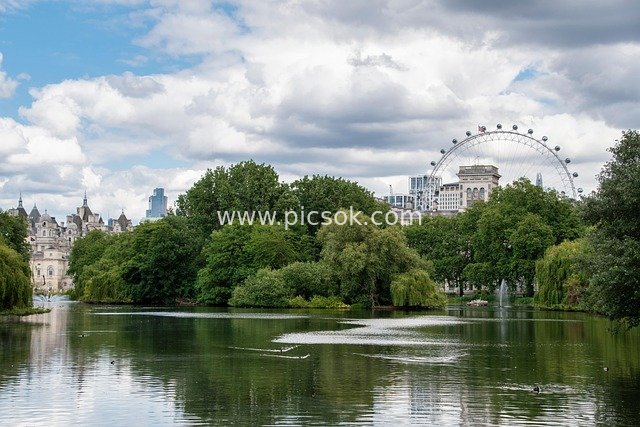 Lake View of St. James's Park in London with the London Eye