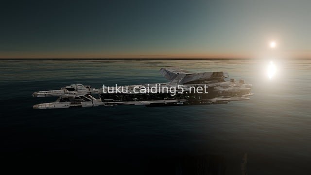 科幻太空飞船悬浮于海洋星球日落时分