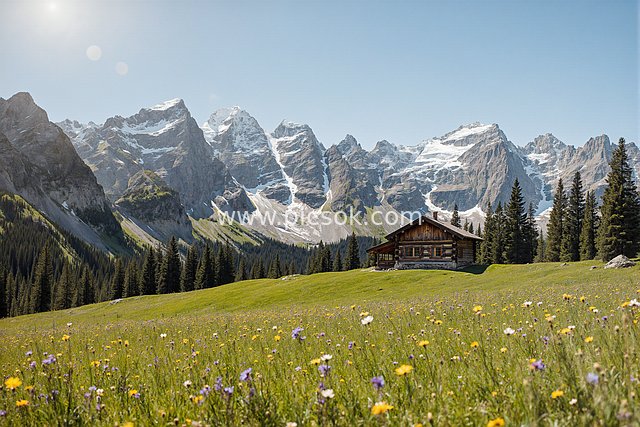 阿尔卑斯山夏日野花山谷木屋自然风景