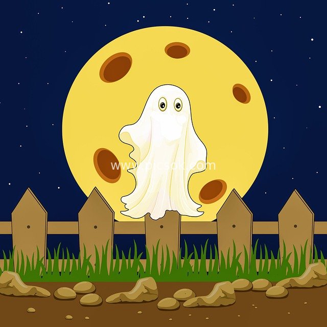 万圣节幽灵月夜卡通插画 围栏岩石壁纸