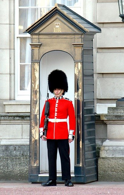 British Royal Guards on Duty in London: Stately Sentinels in Red Uniforms and Bearskin Hats
