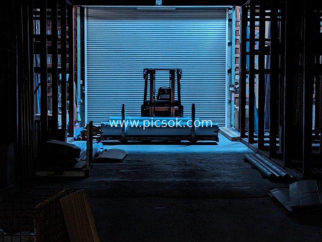 Forklift in a Dimly Lit Abandoned Factory Warehouse at Night