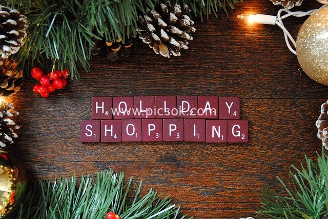 Christmas Holiday Shopping | Festive Decor with Wooden Background
