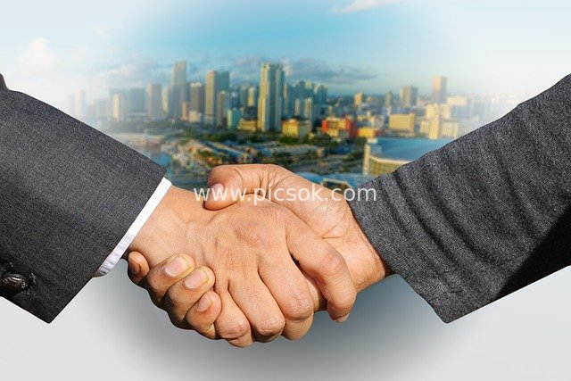 Business Professionals Shaking Hands in Partnership, City Skyline Witnessing Win-Win Collaboration
