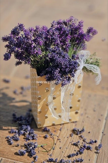 Rustic Still Life with Lavender Bouquet and Bee-Patterned Gift Bag