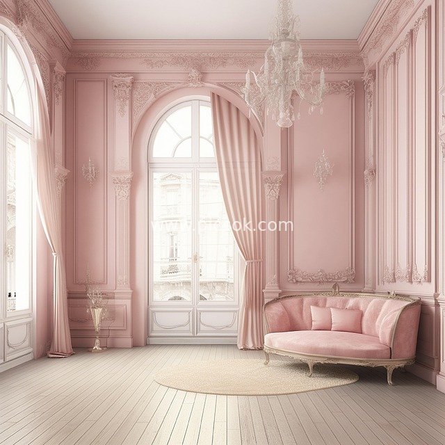 living room, sitting area, interior design, paris, pink, rococo, paneling, chandelier, sofa, elegant, backdrop
