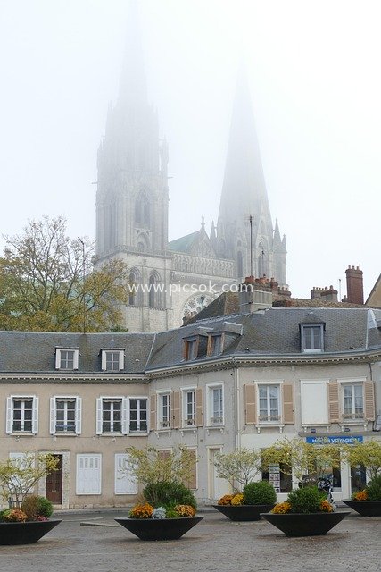 Chartres Cathedral in Mist, France – Gothic Church Street View
