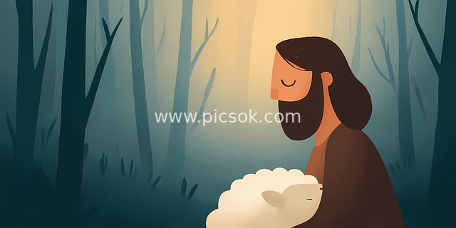 Serene Faith Moment in the Forest: Illustration of Jesus Holding a Lamb