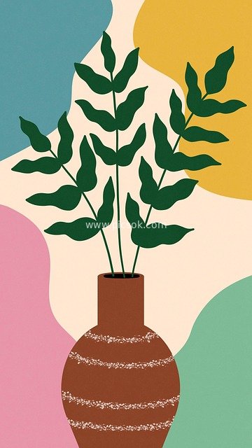 彩色抽象背景陶罐绿植装饰画壁纸素材