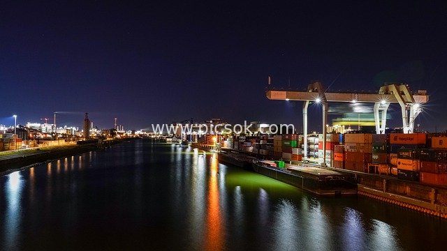 Night View of Ludwigshafen am Rhein: Commercial Port & Industrial Waterway Scenery
