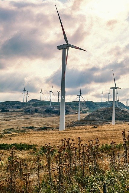 Eco-Landscape of Wind Farm in Sicily, Italy at Sunset