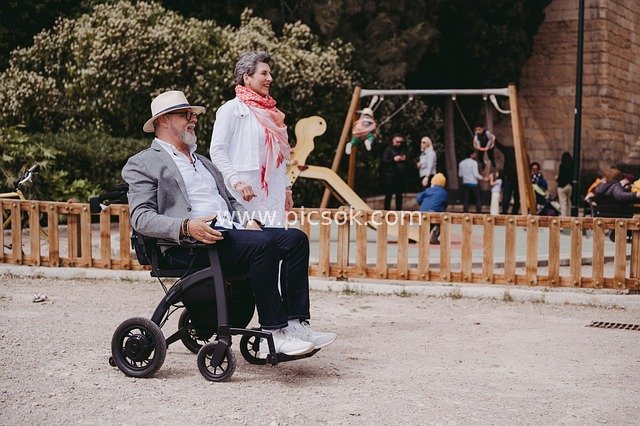 Elderly Couple Enjoying Leisure in the Park—Electric Wheelchair Supports Their Warm Daily Routine