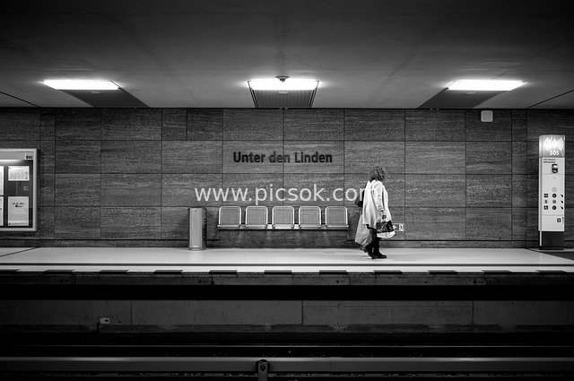 Black-and-White Female Pedestrian at Berlin's Unter den Linden Station