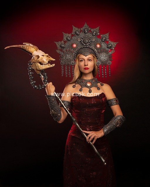 Dark Fantasy Cosplay Witch Portrait with Gorgeous Headdress and Skull Scepter