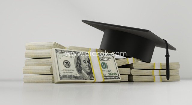 Black Bachelor's Cap and Cash Pile: Educational Finance Imagery