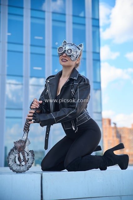 Catwoman Steampunk Cosplay with Metal Mask and Weapon Design