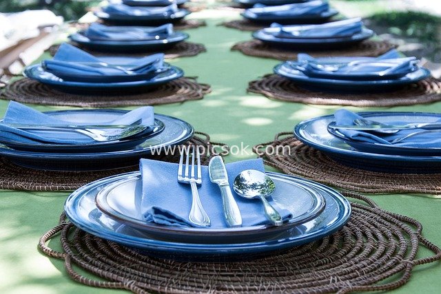 户外精致餐桌布置 蓝色餐具配绿色桌布