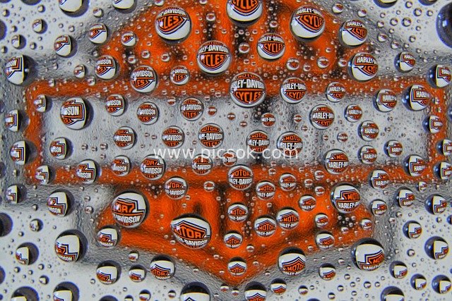Creative Background Featuring Harley-Davidson Logo in Macro Water Drops