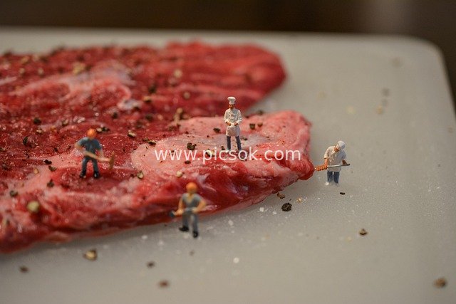 Fun Creative Scene with Miniature Chefs, Workers and Steak
