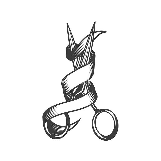 Vintage Hairdressing Scissors with Wrapped Ribbon - Black and White Vector Illustration