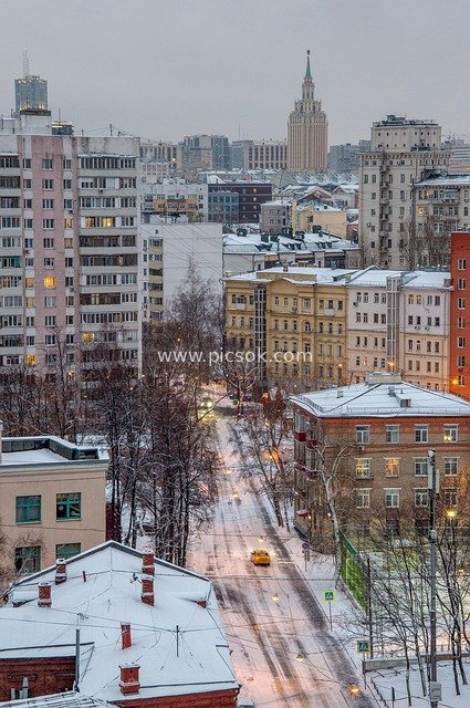 Moscow Winter Urban Streetscape and Architectural Views After Snow