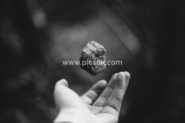 Floating Gray Rock & Hand: Black and White Bokeh Creative Image