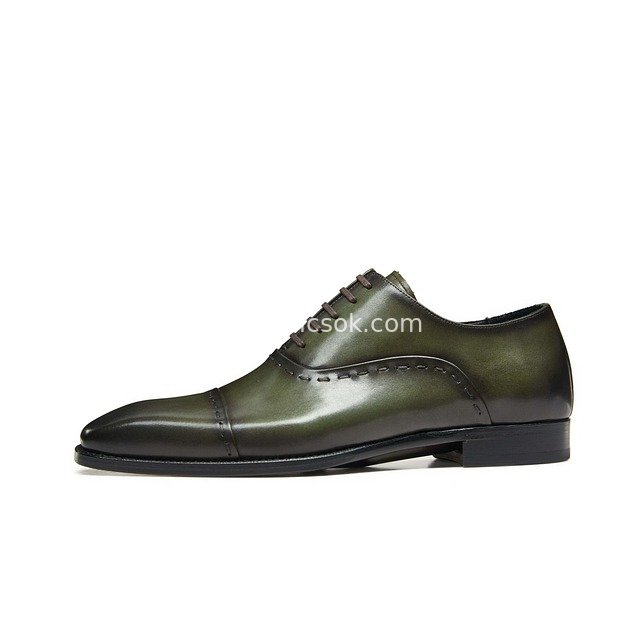 Men's Formal Business Genuine Leather Dress Shoes - Dark Green Glossy Office Footwear