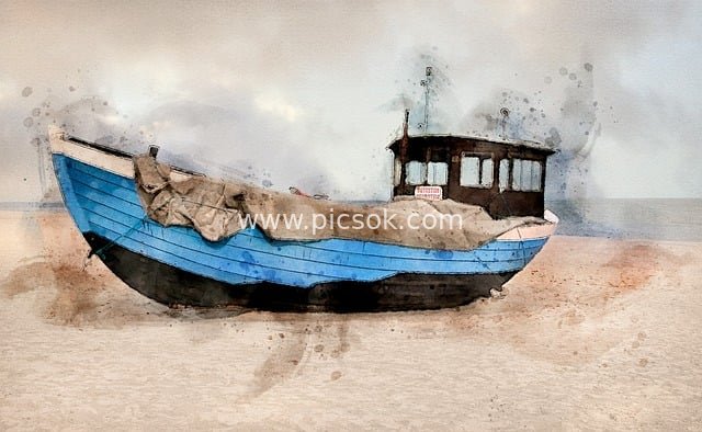 Watercolor Painting of Abandoned Boat on Sandy Beach Coastal Ocean Landscape Material