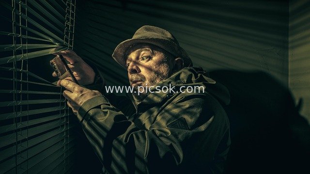 Late-Night Private Detective Spying and Photographing by the Window: Mysterious Suspenseful Portrait