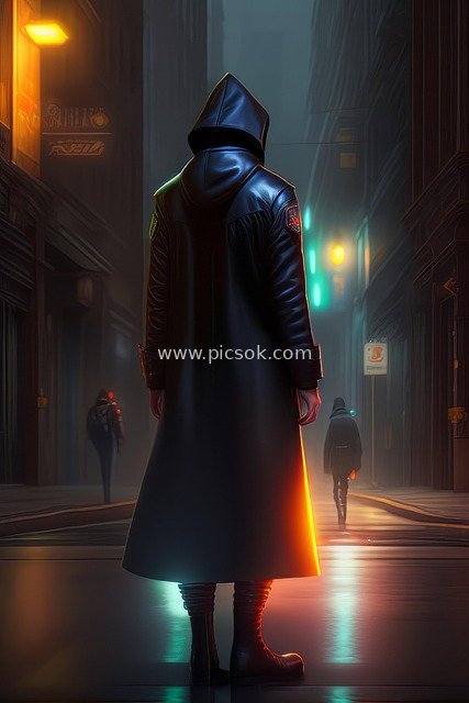Mysterious Hacker on Rainy Urban Streets - AI-Generated Sci-Fi Atmosphere Image