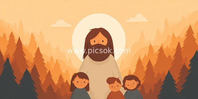 耶稣与孩童森林中 神圣宁静信仰之光