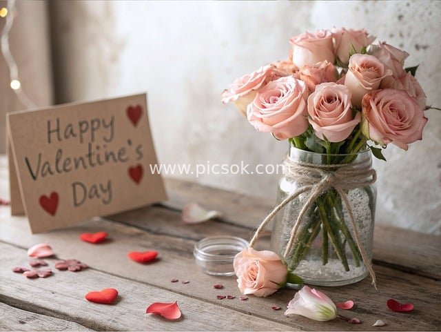 Romantic Valentine's Day Desktop Scene with Pink Roses and Heart Decorations