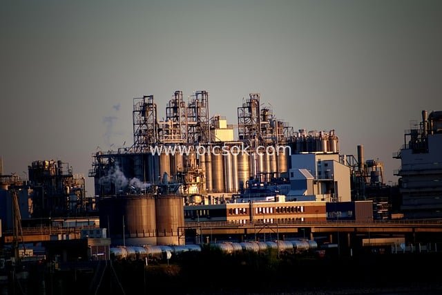 Industrial Plant Buildings and Chimneys at Dusk