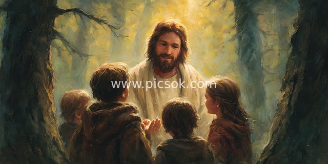 Divine Serene Art Scene of Jesus Interacting with Children in the Forest