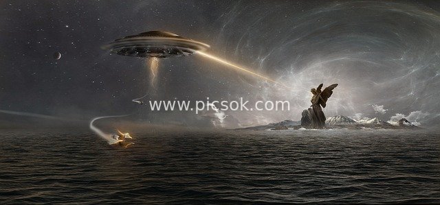 Fantasy Scene of UFO Beam and Angel Statue Over Starry Sea