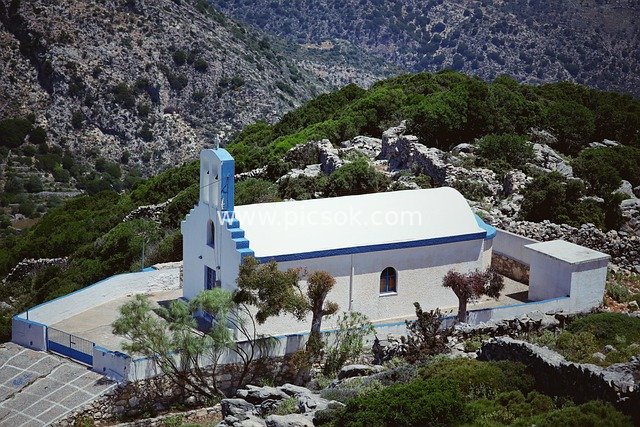 Landscape of Blue-and-White Church Buildings in Greek Mountains
