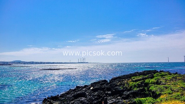 济州岛翡翠海岸 火山岩风车自然景观