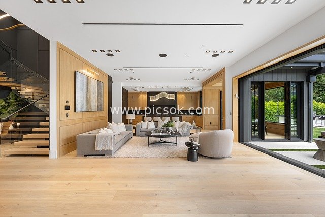 Modern Luxurious Living Room Decoration Design: High-End Home Scene with Solid Wood Flooring