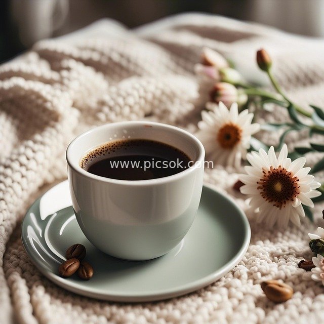 Morning Coffee with Daisies: A Warm and Cozy Scene with White Porcelain Cup