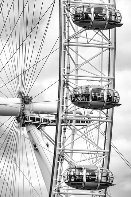 Black-and-White Close-Up of the London Eye: Urban Tourist Attraction and Sightseeing Crowds