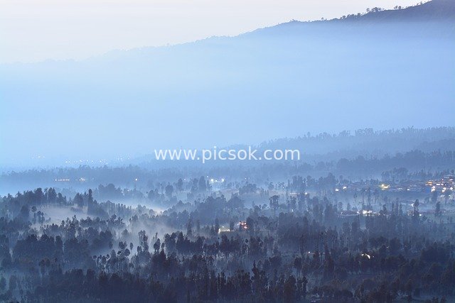 印尼爪哇布罗莫山晨雾森林村庄景观