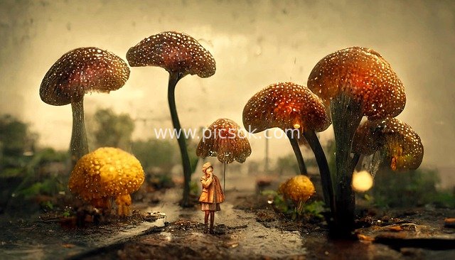Girl in Raincoat Among Fantastical Giant Mushrooms on an Autumn Rainy Day - A Dreamy Fairy Tale Scene