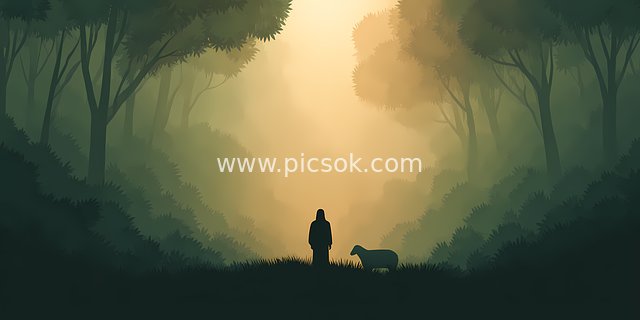 晨雾森林中耶稣祈祷的神圣宁静画面