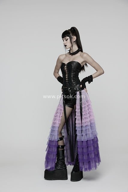 Dark Gothic Style Model Look with Gradient Purple Tulle Skirt