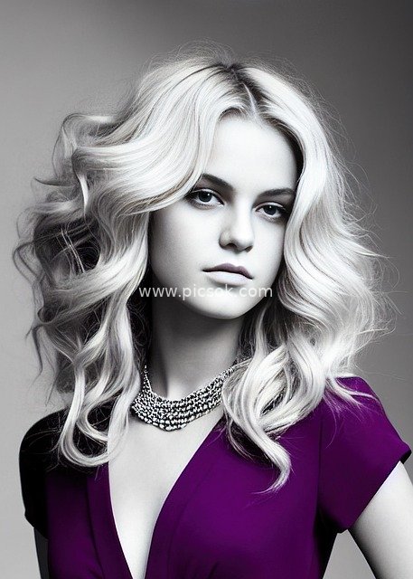 金发模特紫色深V裙时尚肖像摄影