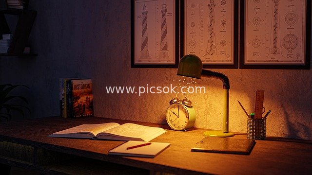 3D Rendered Scene Material of Study Desk for Learning & Working at Night