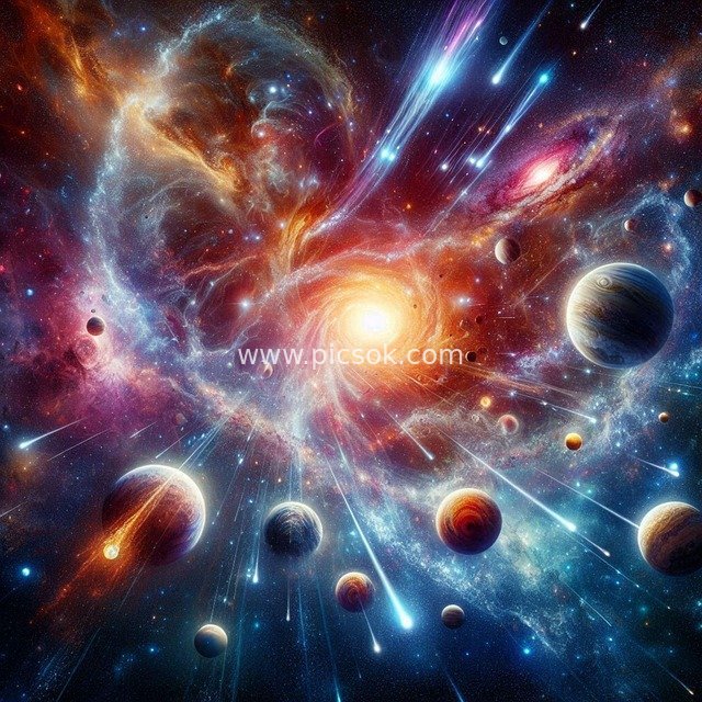 Vibrant Cosmic Galaxy, Planets, Meteors & Starry Sky Material Image